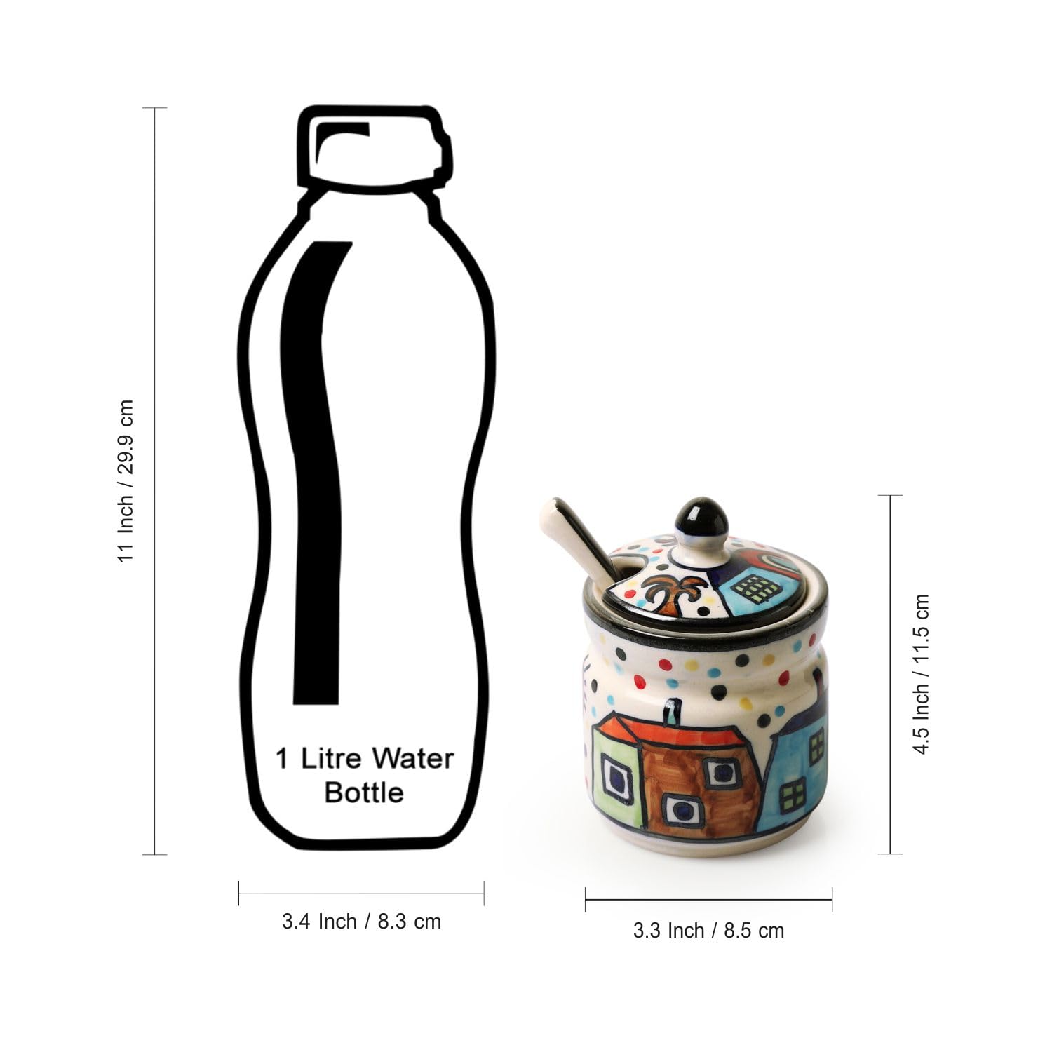 ExclusiveLane Hut Handpainted Ceramic Pickle Jars for Dining Table with Spoon & Lid |Pickle Jar for Storage Kitchen Containers S